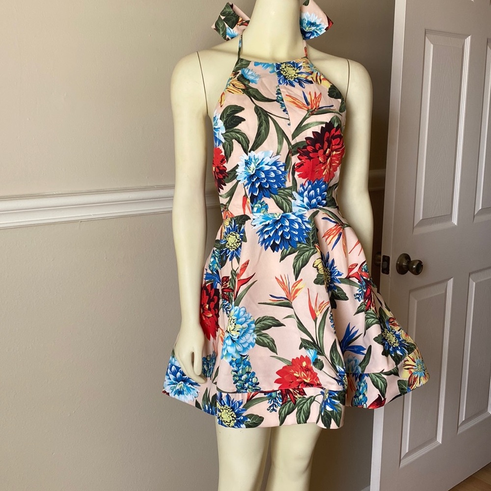 “In the beginning” flora halter mini dress with beautiful tie in  size small